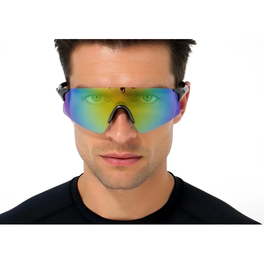 Mens Rimless Wrap Around Sport Sunglasses Iridescent Rainbow Shield Gunmetal New